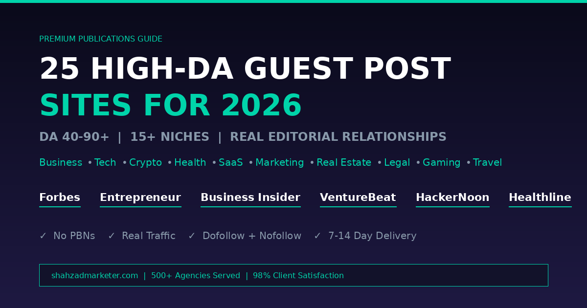 25 premium high DA guest post sites for 2026 featuring Forbes Entrepreneur Business Insider VentureBeat and more