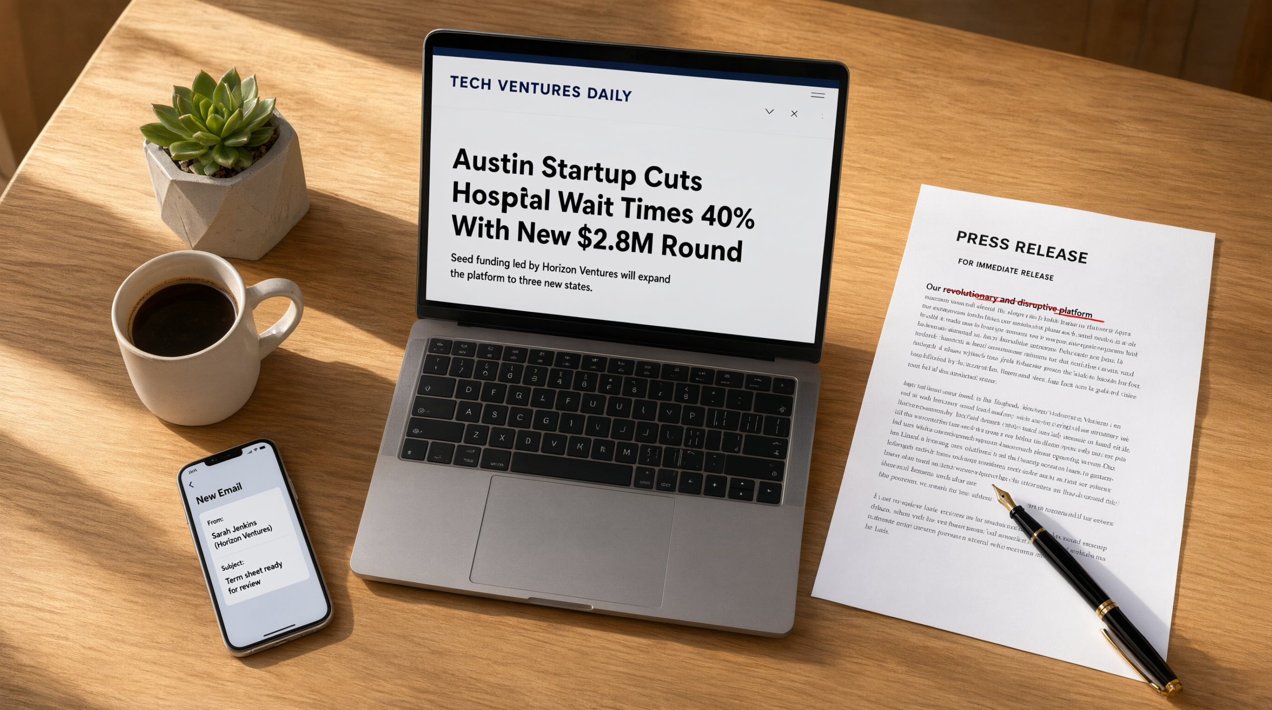 Illustration of a megaphone announcing a startup funding press release with a rising growth chart