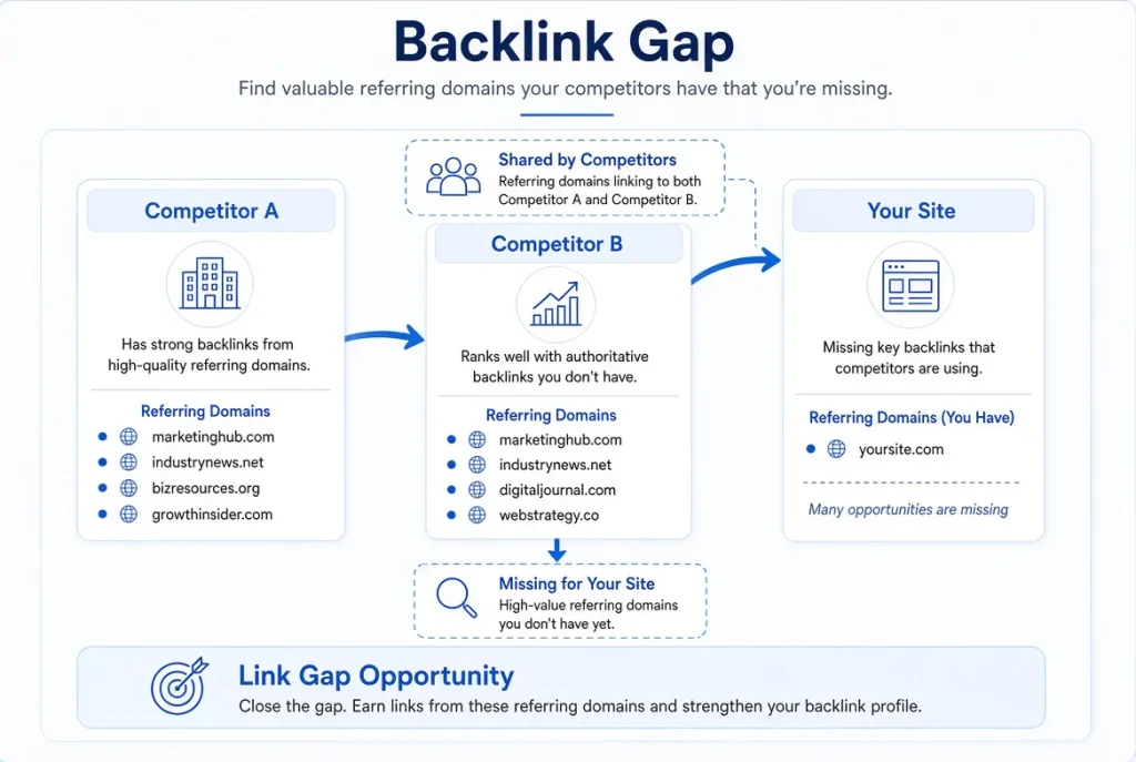 Backlink gap illustration comparing Competitor A, Competitor B, and Your Site to show missing referring domains and link opportunities