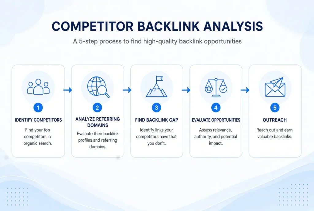 5-step process infographic for competitor backlink analysis showing identify competitors, analyze referring domains, find backlink gap, evaluate opportunities, and outreach
